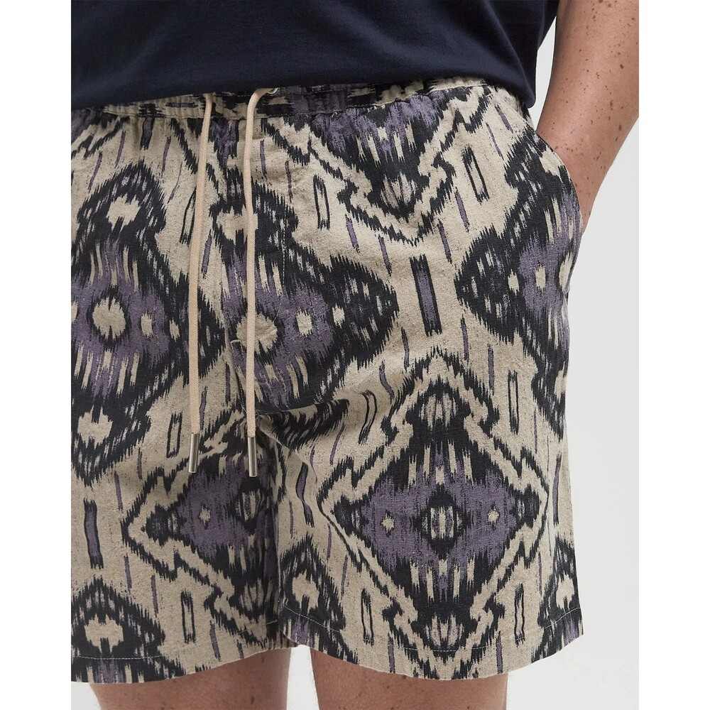 NN07 Shorts Mens Small Tan Purple Ikat Diamond Drawstring Linen GREGOR $195